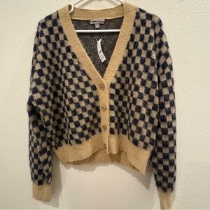 J. Crew Navy and Tan Checkered Cardigan NWT